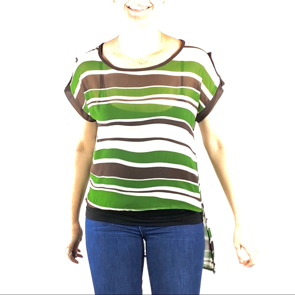 🌸 2 for $12! Wish Green & Brown Sheer Hi-Lo Top